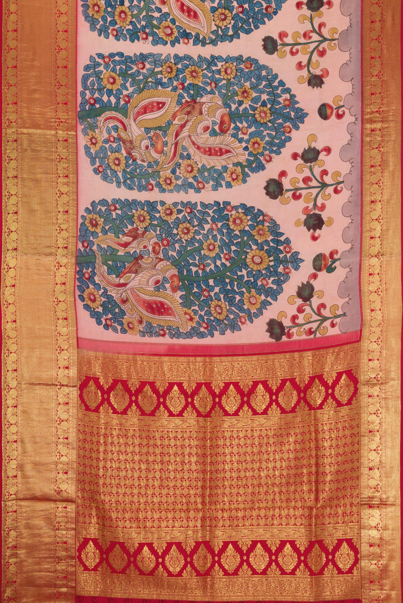 Flat view of Golden Peach Dual Tone Kanchipuram Silk Saree with kalamkari Print on the body and Zari Border. 