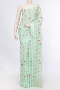 Sea Green Dual Tone Mysore Georgette Saree with Stripes on the body and Zari Border displayed on a mannequin