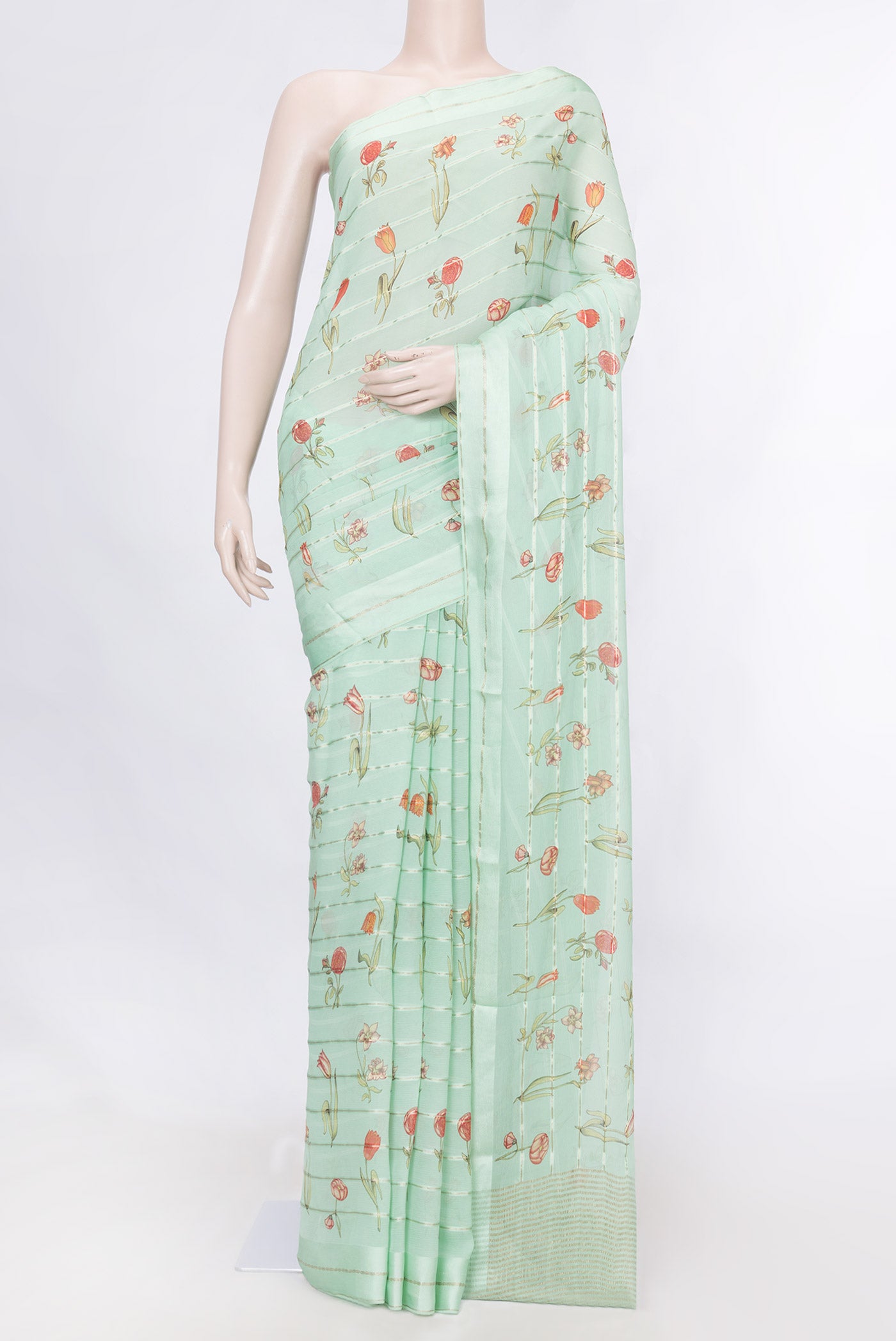 Sea Green Dual Tone Mysore Georgette Saree with Stripes on the body and Zari Border displayed on a mannequin