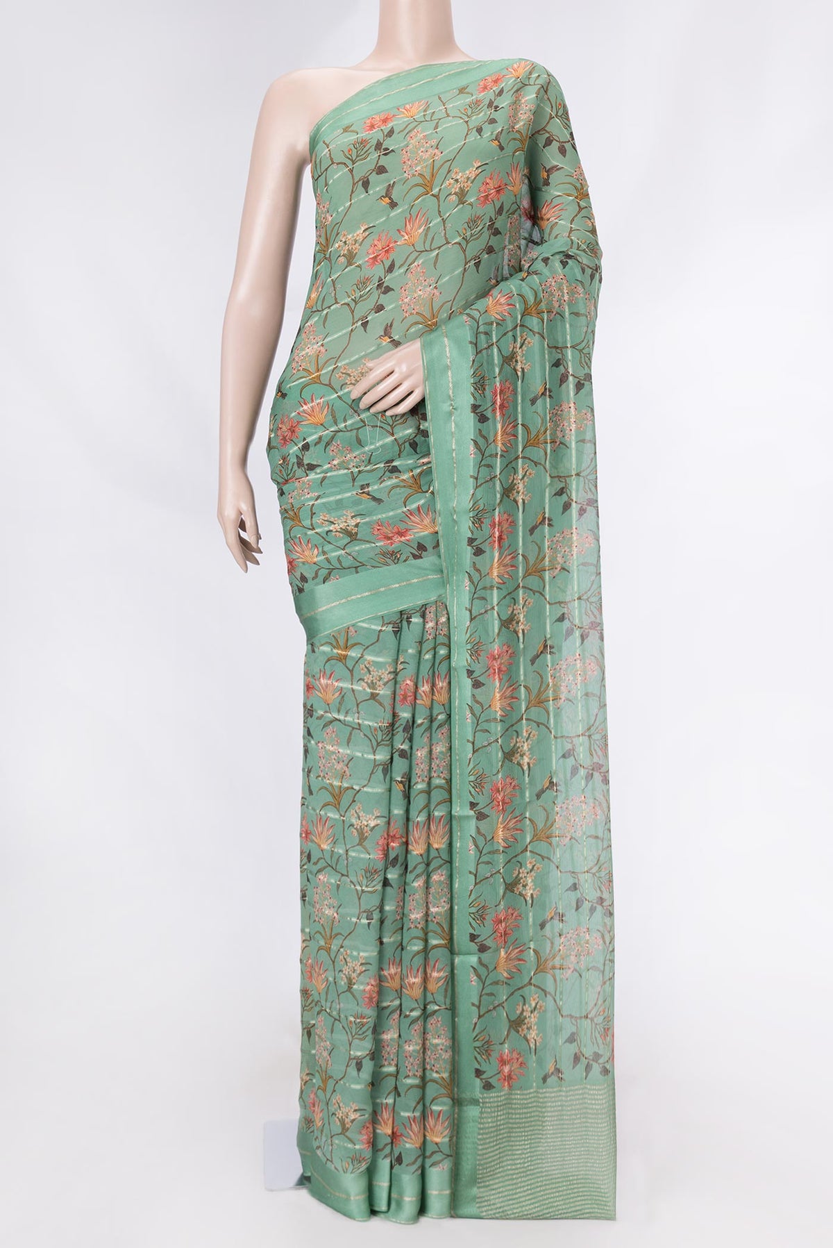 Green Dual Tone Mysore Chiffon Saree with Printed design on the body and Zari Border displayed on a mannequin