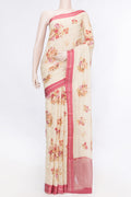 Beige Dual Tone Mysore Georgette Saree with Stripes on the body and Zari Border displayed on a mannequin