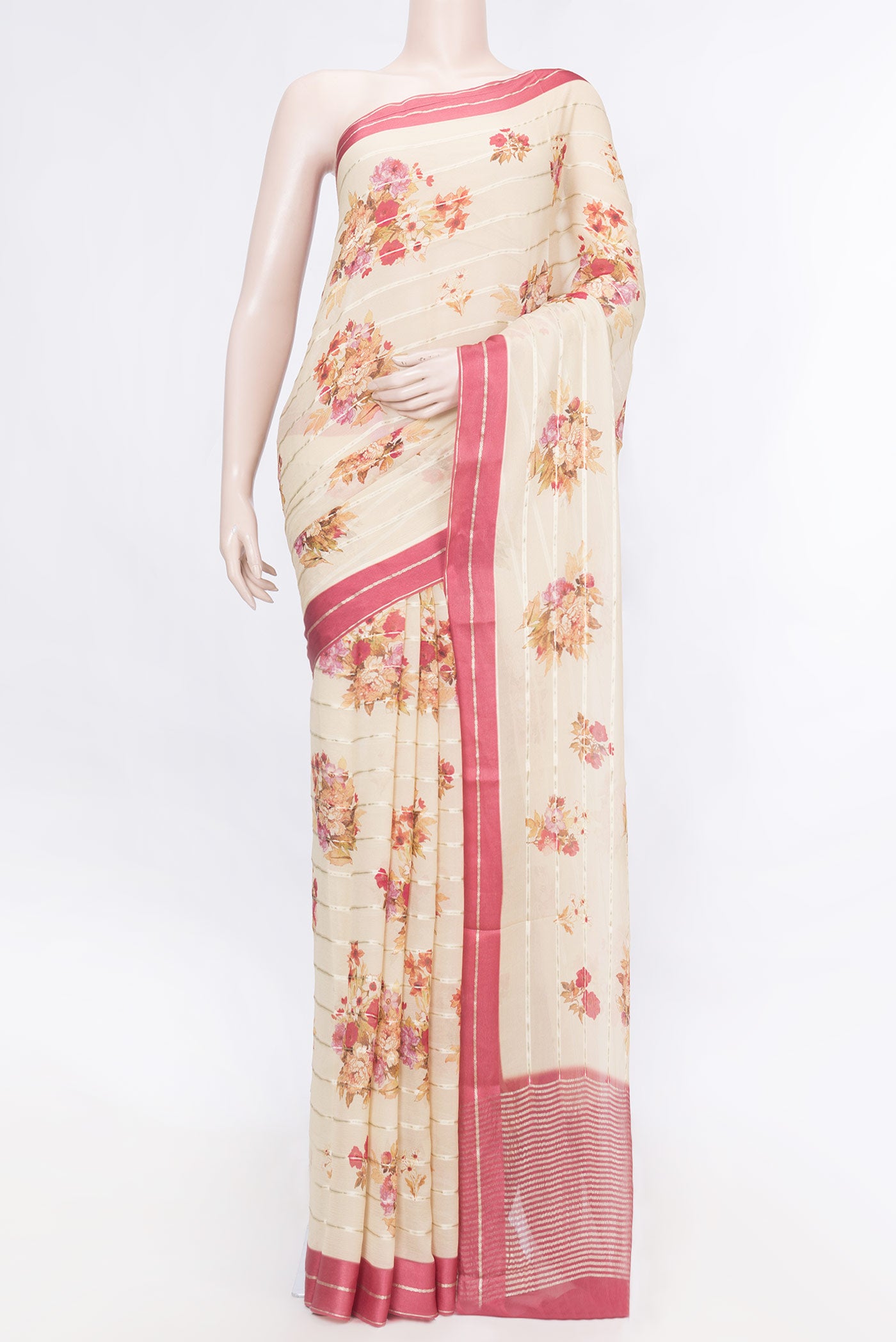 Beige Dual Tone Mysore Georgette Saree with Stripes on the body and Zari Border displayed on a mannequin