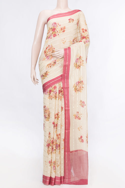 Beige Dual Tone Mysore Georgette Saree with Stripes on the body and Zari Border displayed on a mannequin