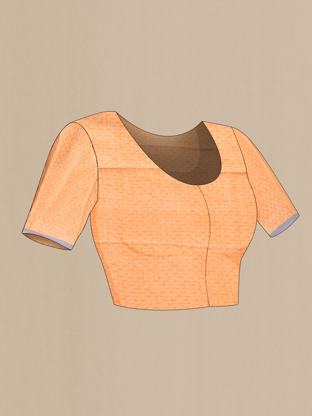 Close up image of the blouse of Orange Dual Tone Mysore Chiffon Saree with Printed design on the body and Zari Border. 