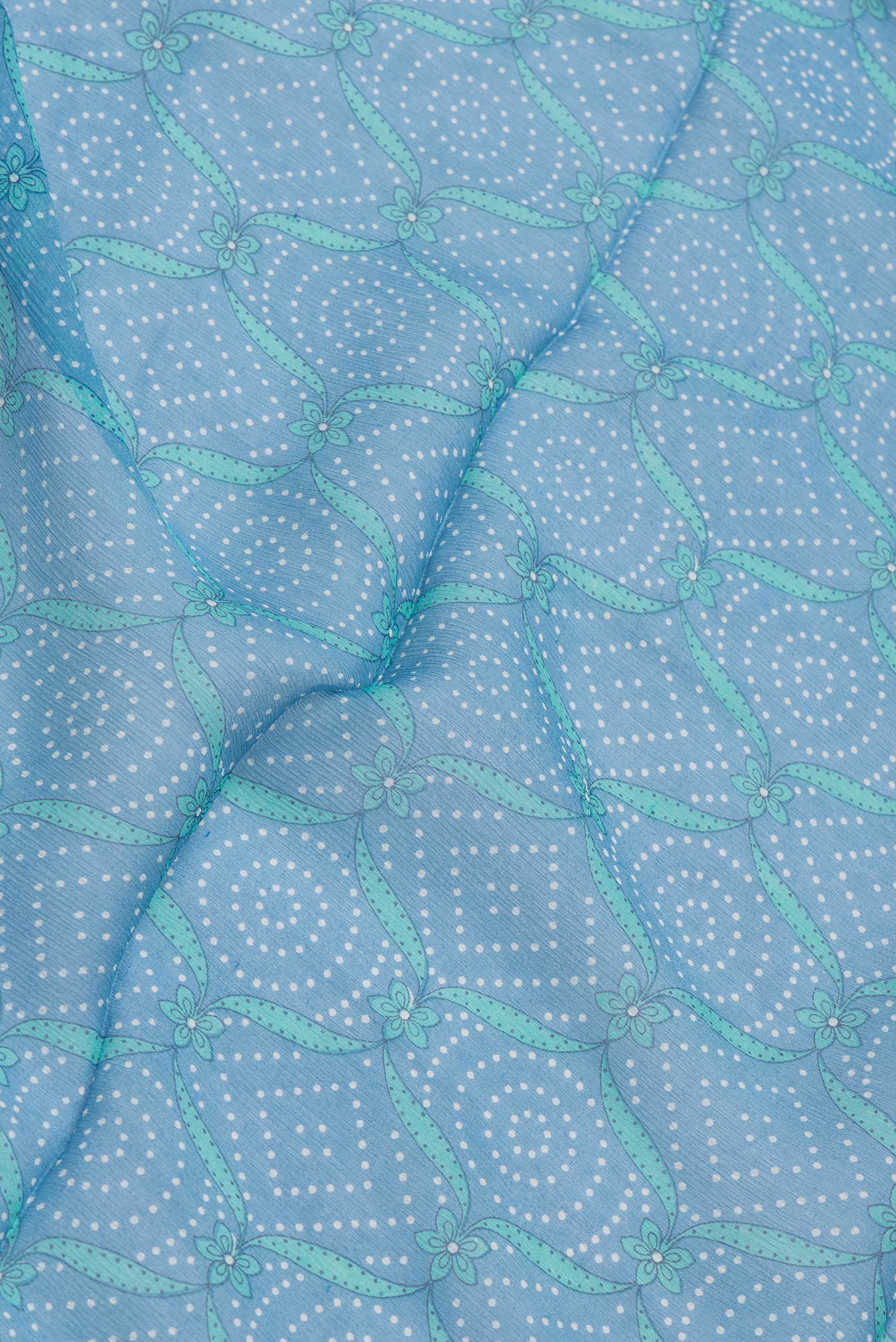 Close up of Sky Blue Dual Tone Mysore Chiffon Saree with Printed design on the body and Printed Border.  displaying folds
