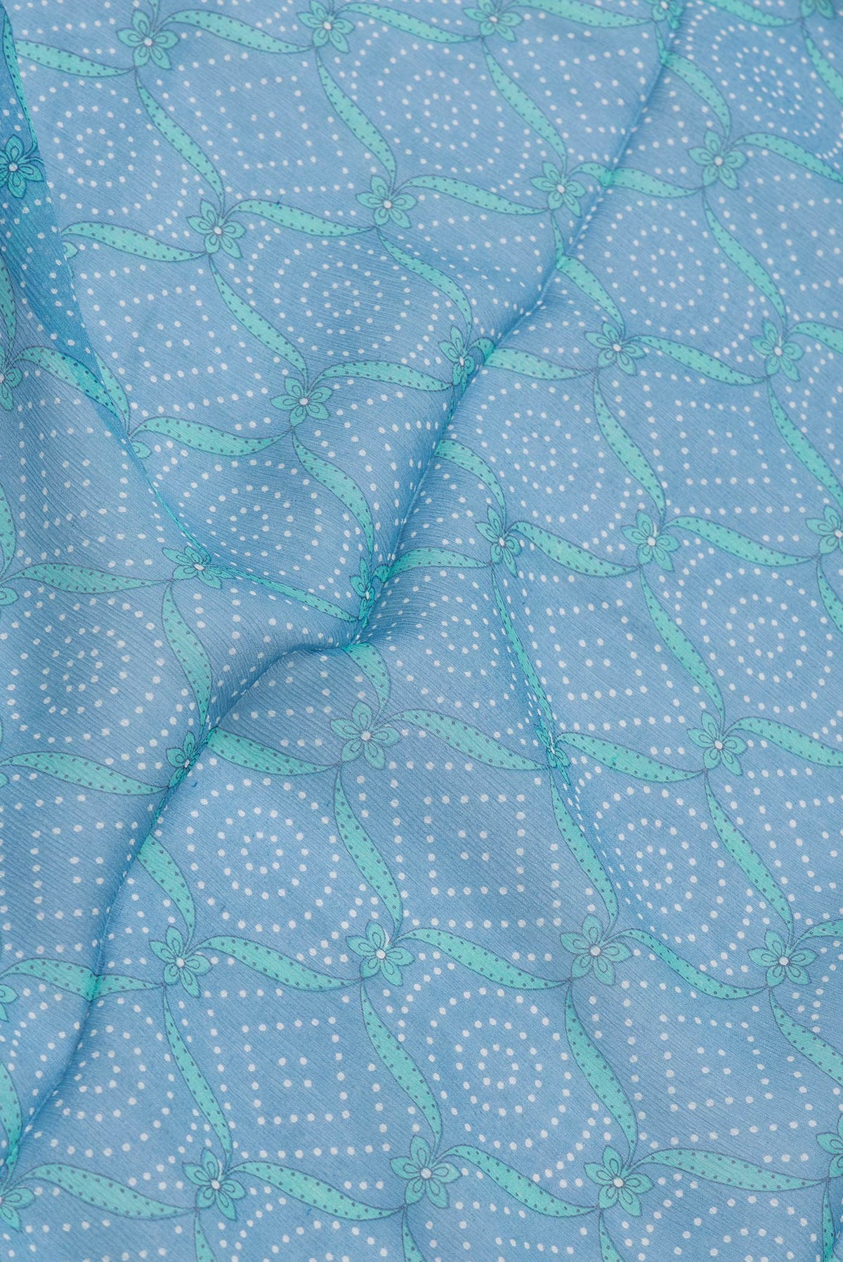 Close up of Sky Blue Dual Tone Mysore Chiffon Saree with Printed design on the body and Printed Border.  displaying folds