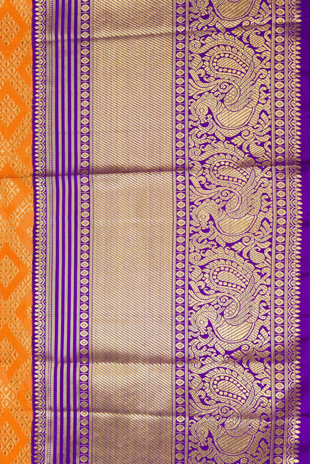 Border image of Pure Silk Pure Zari Orange Dual Tone Kanjivaram Saree with Zari Brocade on the body and Zari Border. 