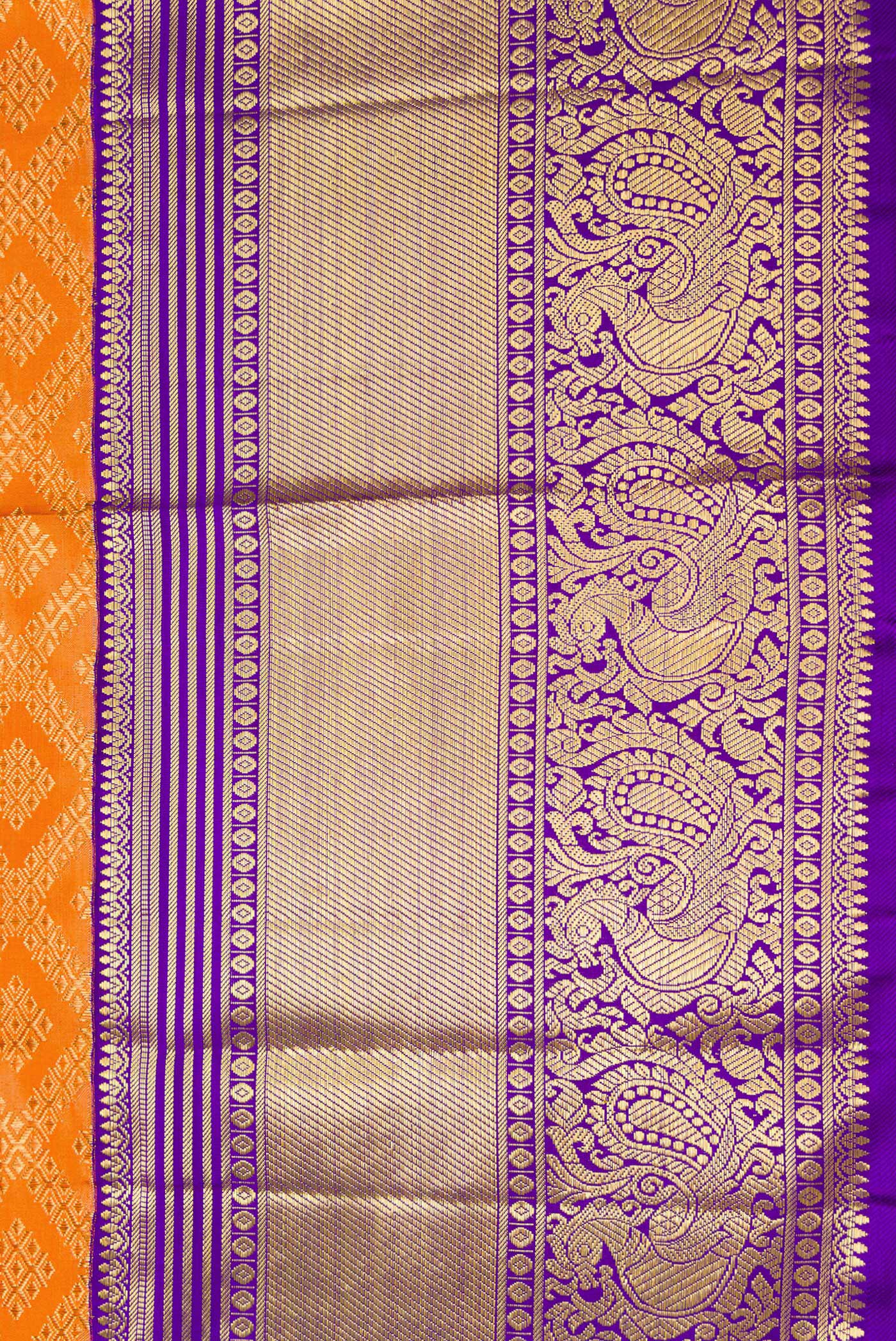 Border image of Pure Silk Pure Zari Orange Dual Tone Kanjivaram Saree with Zari Brocade on the body and Zari Border. 