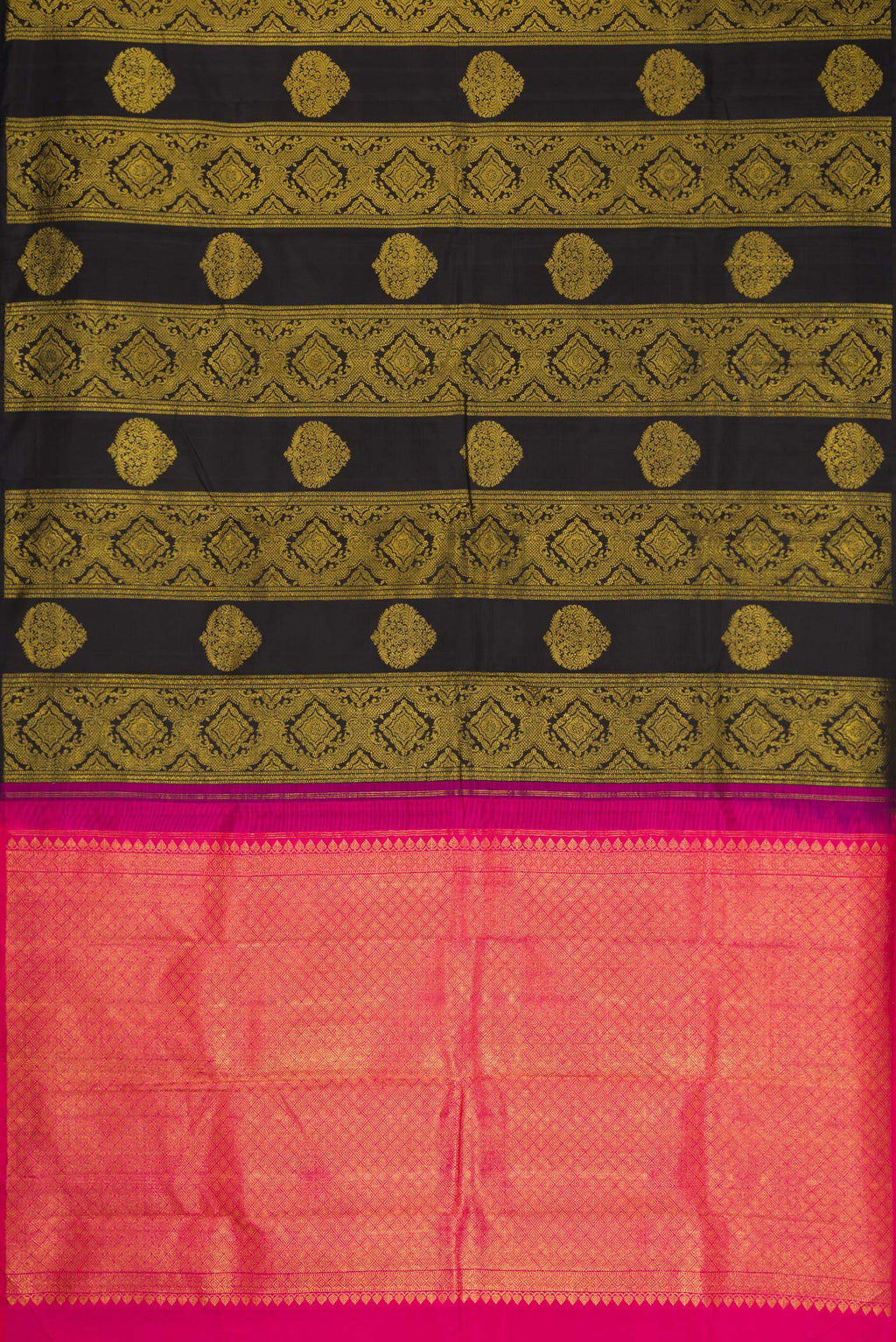 Flat view of Black Dual Tone Kanjivaram Silk Saree with Zari Butta on the body and Without Border. 