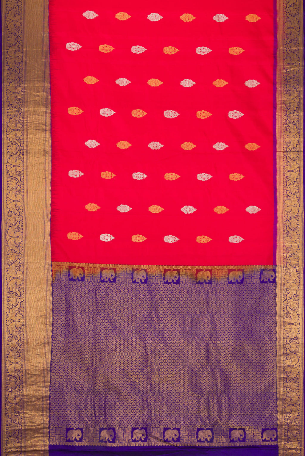 Flat view of Red Dual Tone Gadwal Silk Saree with Zari Butta on the body and Zari Border. 