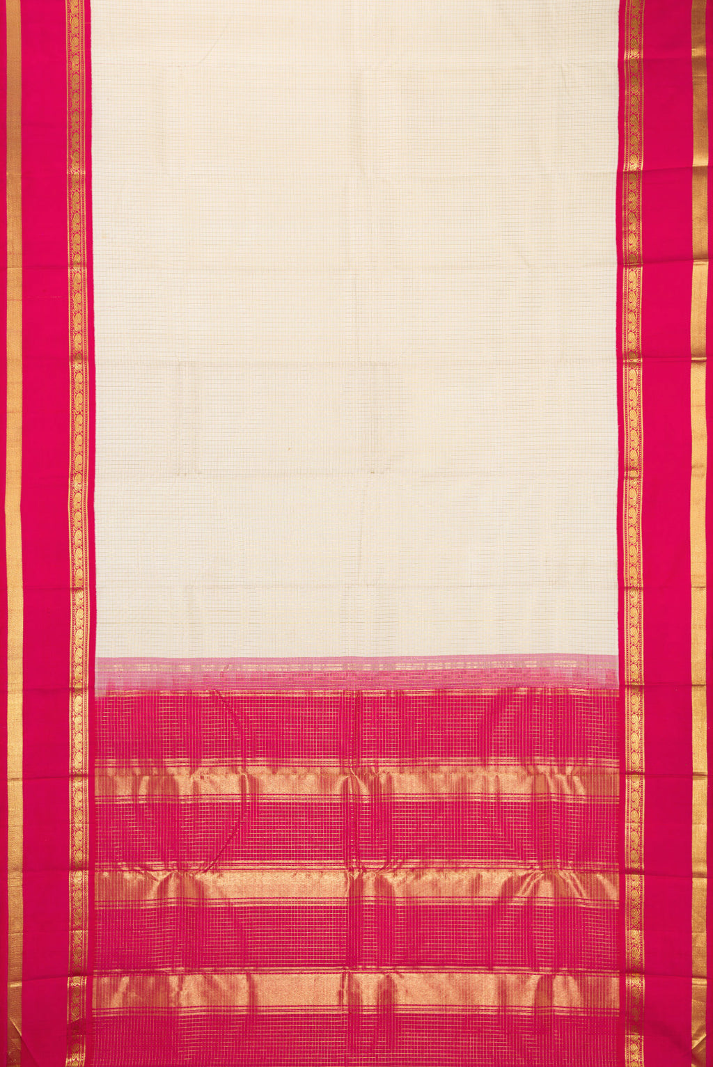 Flat view of Pure Silk Off White Kanjivaram Saree with Checked design on the body and Zari Border. 