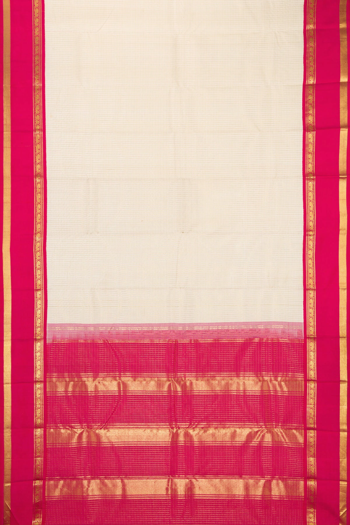 Flat view of Pure Silk Off White Kanjivaram Saree with Checked design on the body and Zari Border. 