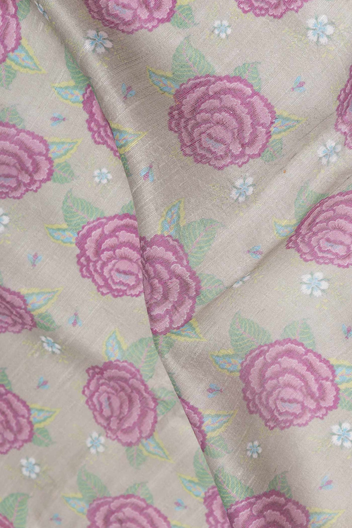 Close up of Light Green Dual Tone Tussar Silk Saree with Printed design on the body and Zari Border displaying folds