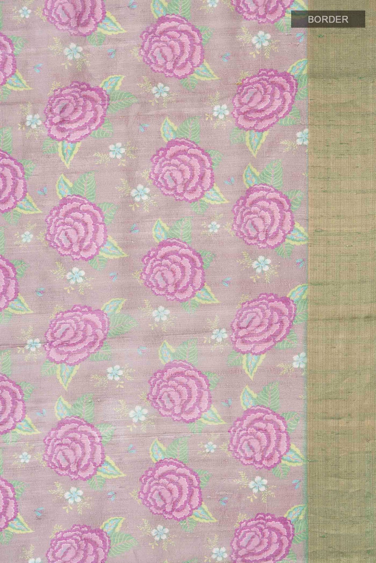 Border image of Lavender Bhagalpuri Tussar Silk Saree with Printed design on the body and Zari Border