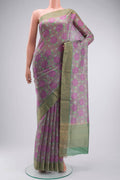 Lavender Bhagalpuri Tussar Silk Saree with Printed design on the body and Zari Border displayed on a mannequin