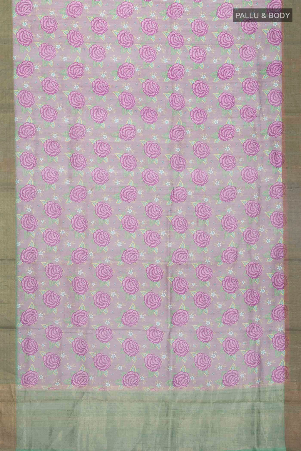Flat view of Lavender Bhagalpuri Tussar Silk Saree with Printed design on the body and Zari Border