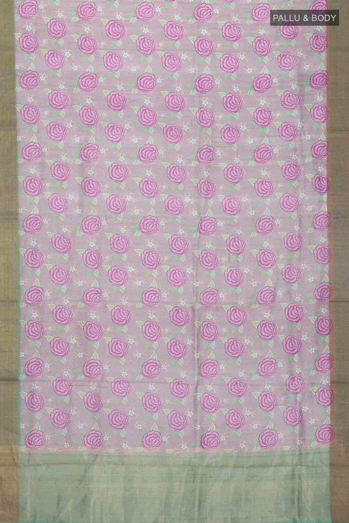 Flat view of Lavender Bhagalpuri Tussar Silk Saree with Printed design on the body and Zari Border