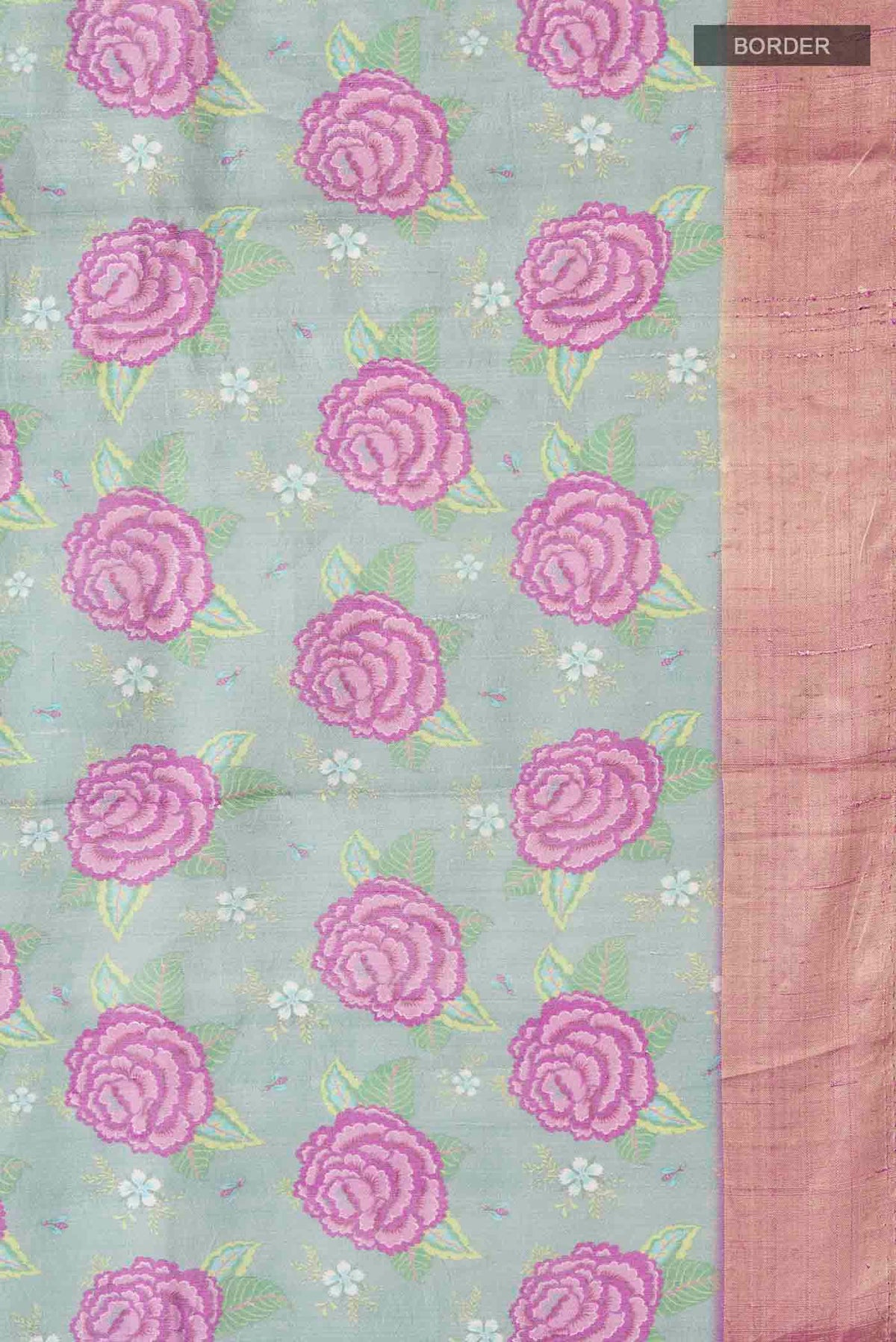 Border image of Green Tussar Silk Saree with Printed design on the body and Zari Border
