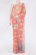 Orange Dual Tone Chiffon Saree with Printed design on the body and Zari Border.  displayed on a mannequin