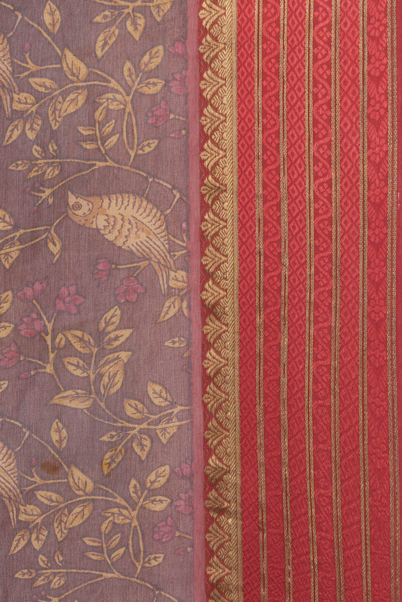 Border image of Brown Dual Tone Mysore Chiffon Saree with Printed design on the body and Zari Border. 