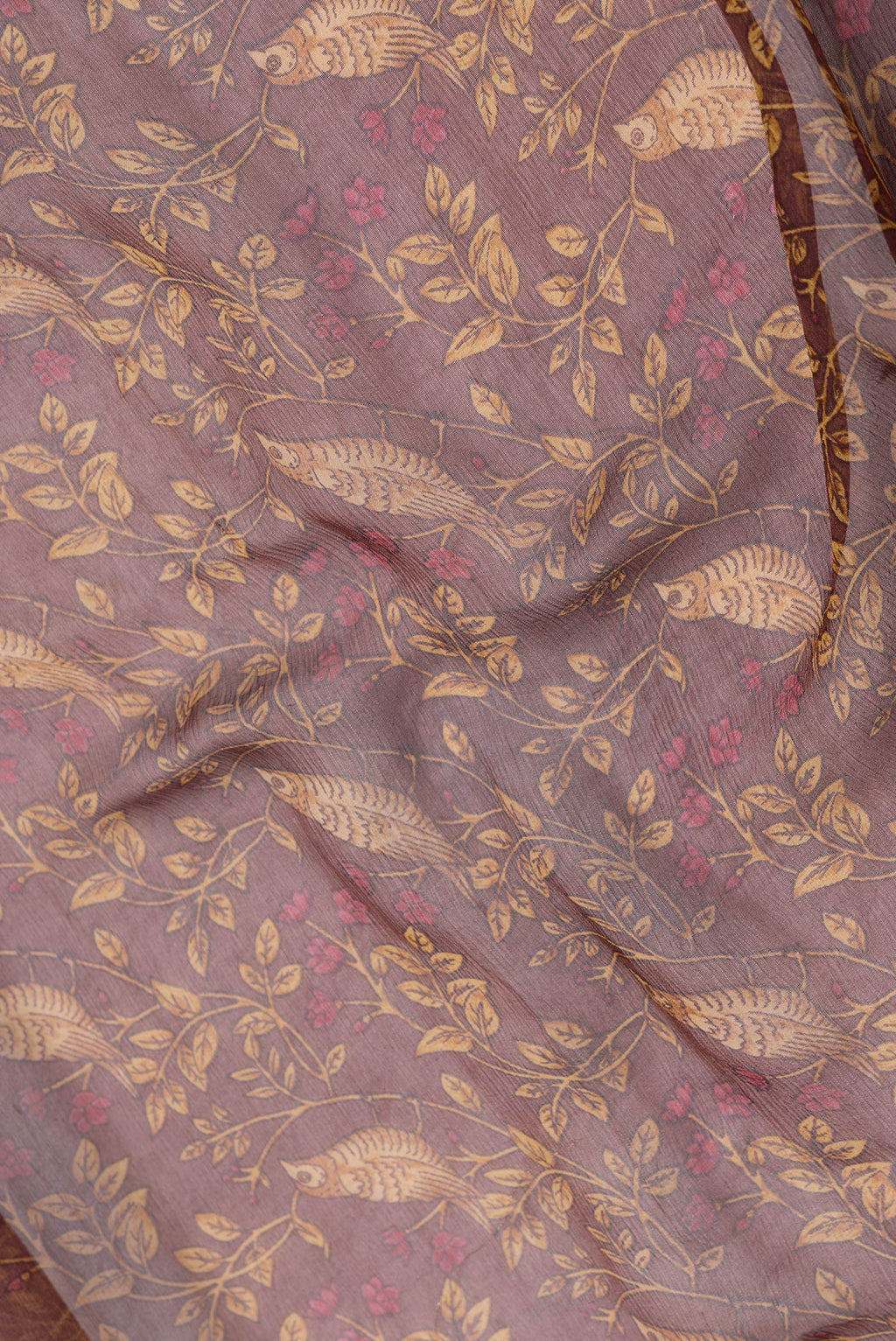 Close up of Brown Dual Tone Mysore Chiffon Saree with Printed design on the body and Zari Border.  displaying folds