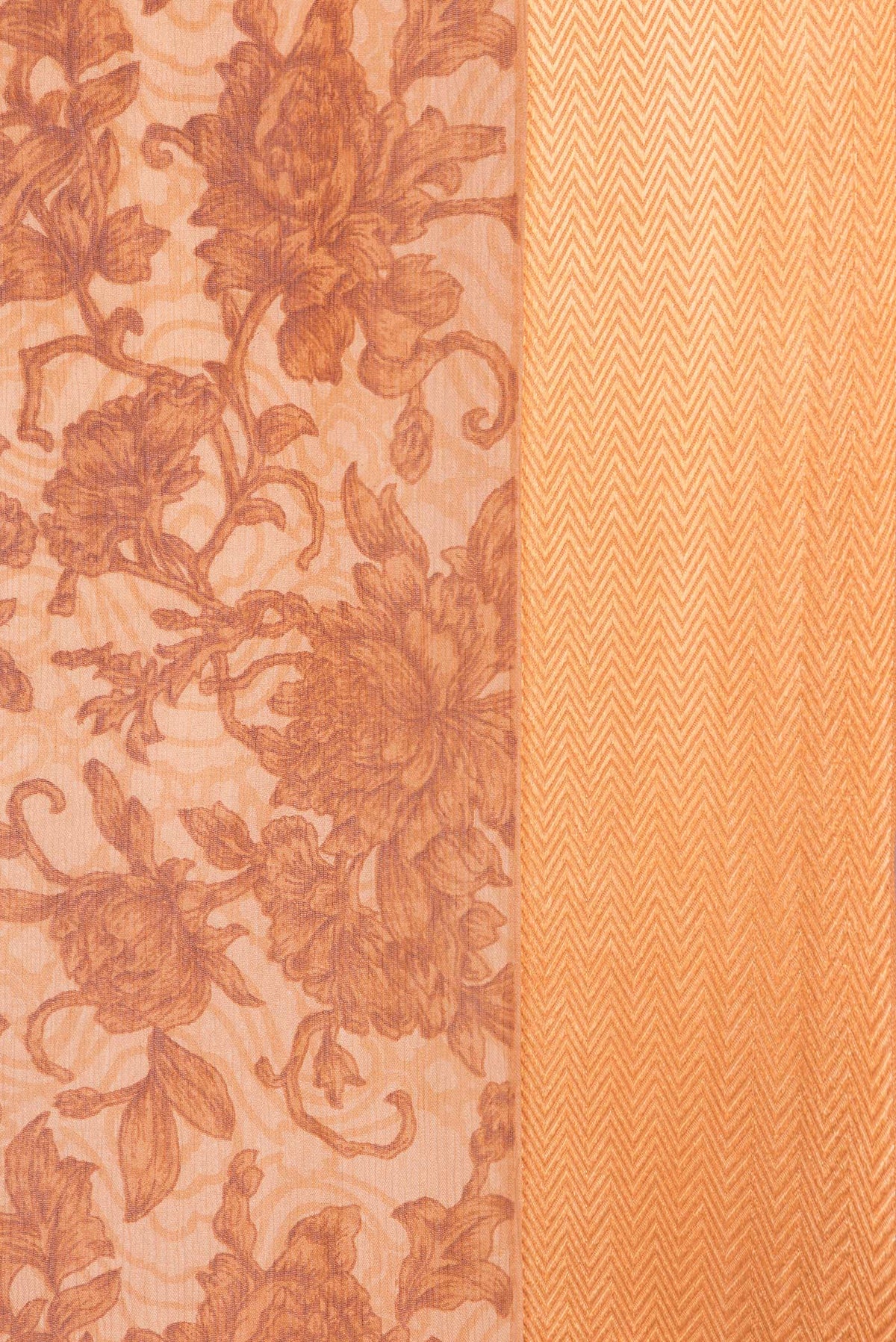 Border image of Golden Peach Dual Tone Chiffon Saree with Printed design on the body and Thread Border. 