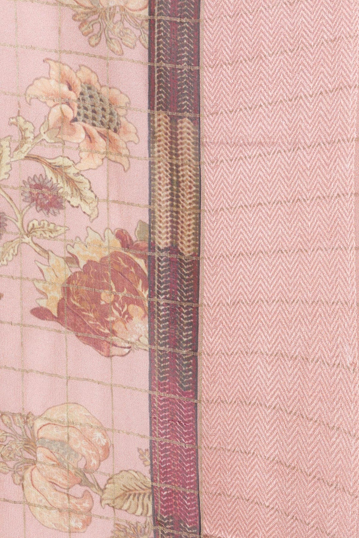 Border image of Rose Gold Dual Tone Mysore Georgette Saree with Printed design on the body and Zari And Thread Border. 