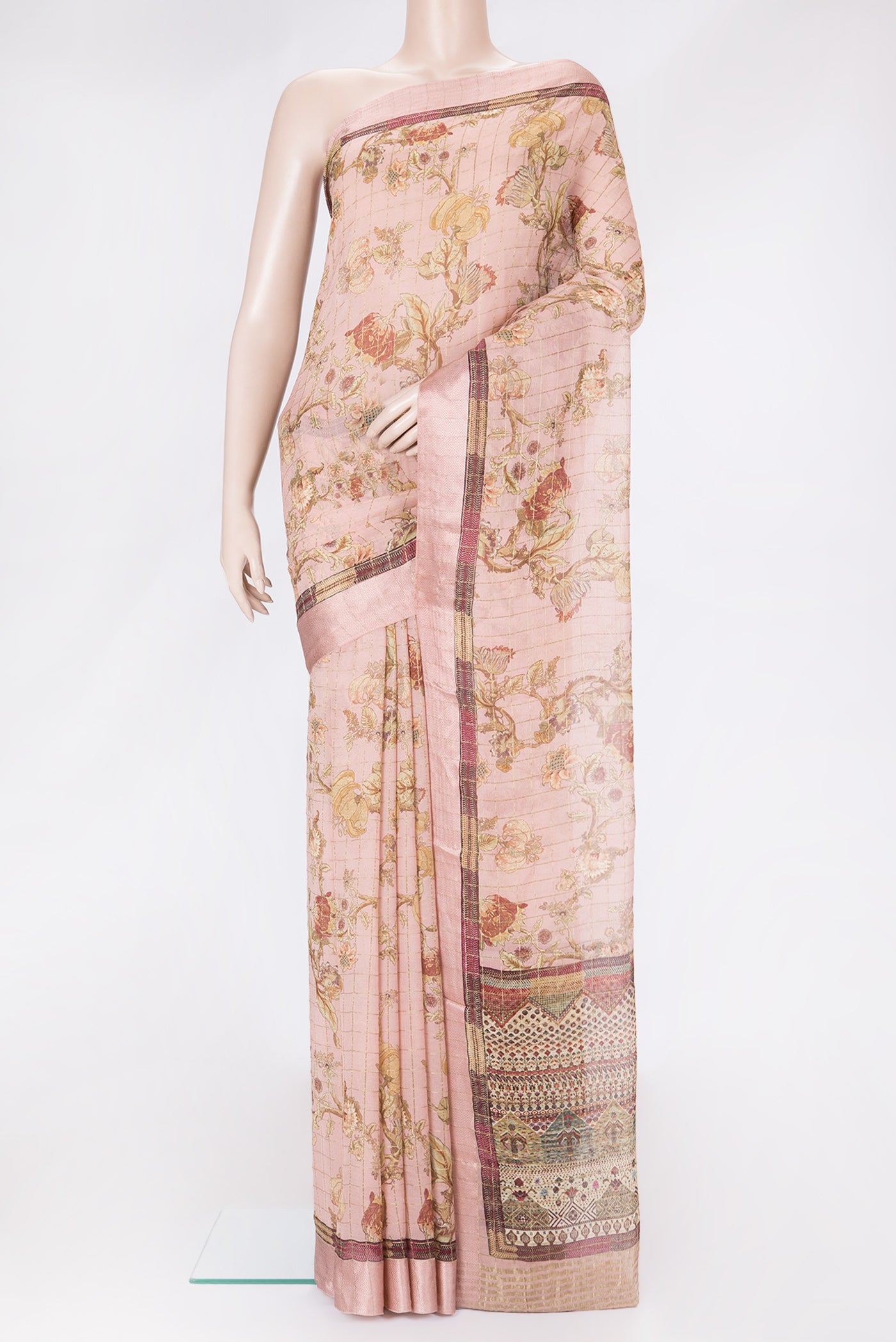 Rose Gold Dual Tone Mysore Georgette Saree with Printed design on the body and Zari And Thread Border.  displayed on a mannequin