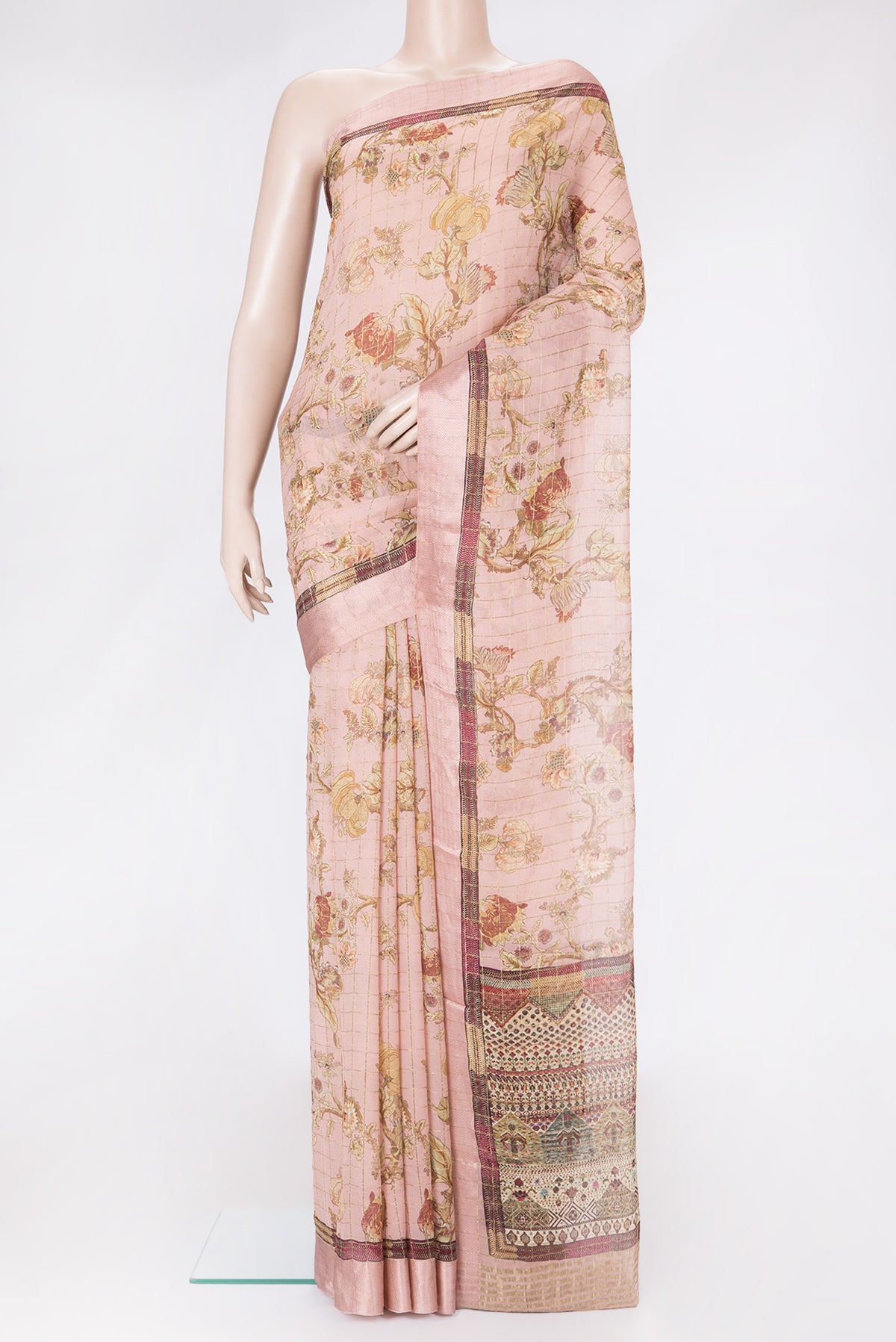 Rose Gold Dual Tone Mysore Georgette Saree with Printed design on the body and Zari And Thread Border.  displayed on a mannequin