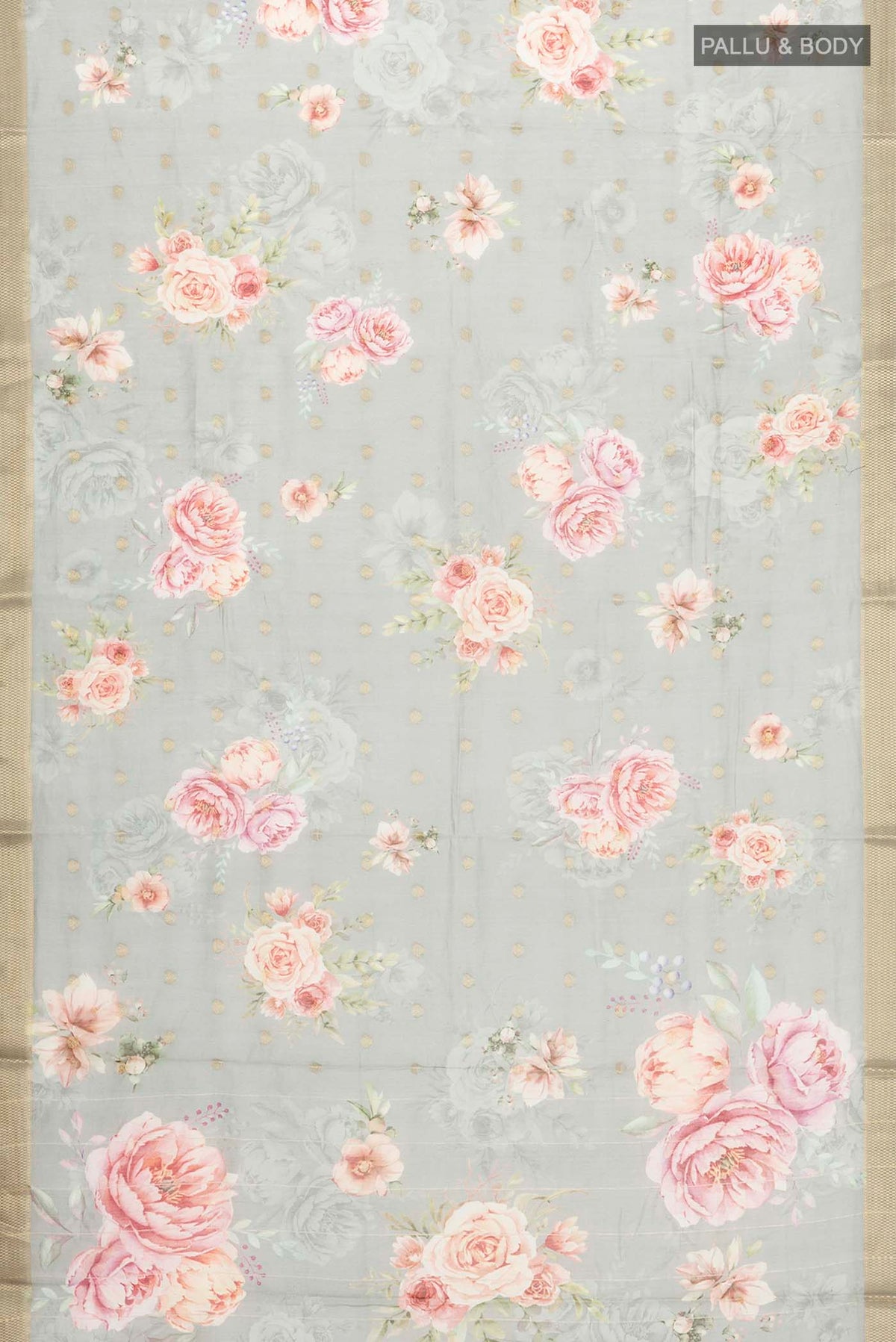 Flat view of Sage Green Silk Cotton Saree with Printed design on the body and Zari Border