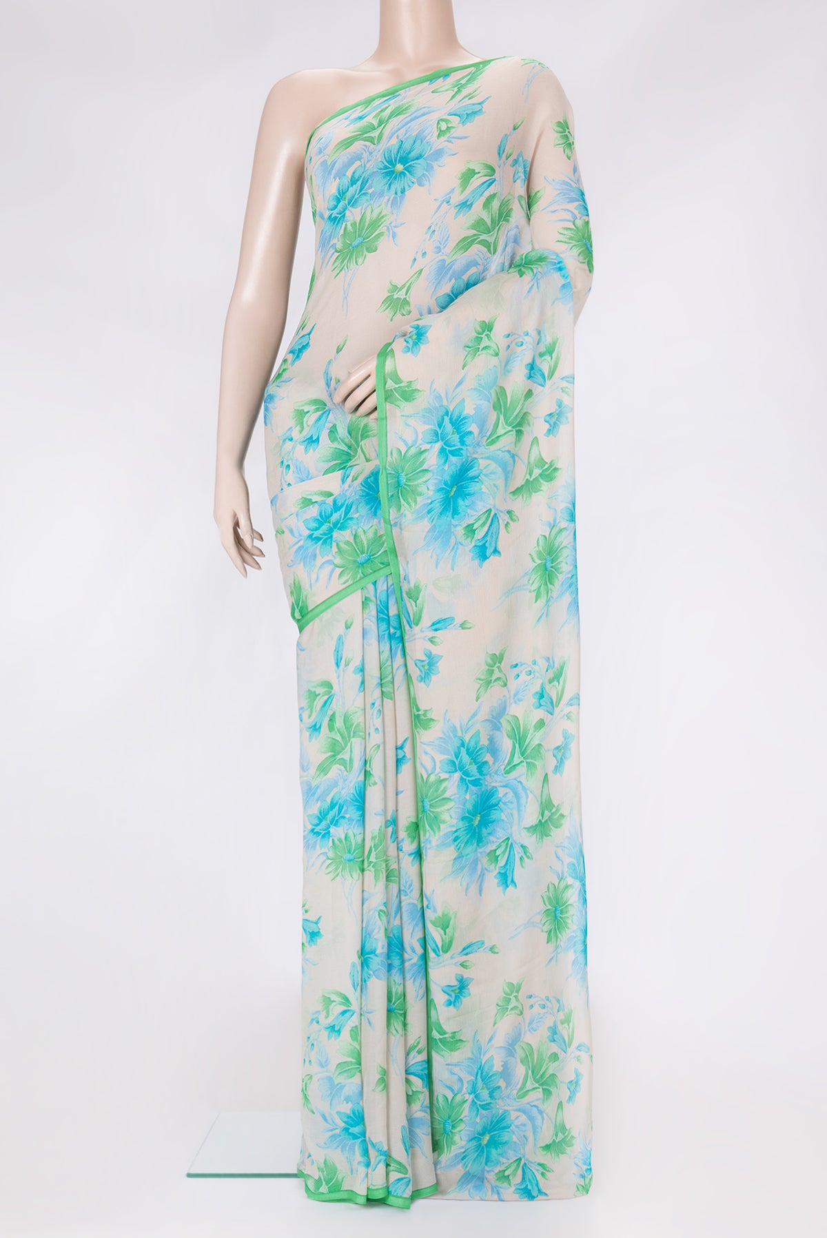 Beige Dual Tone Mysore Chiffon Saree with Printed design on the body and Plain Border.  displayed on a mannequin