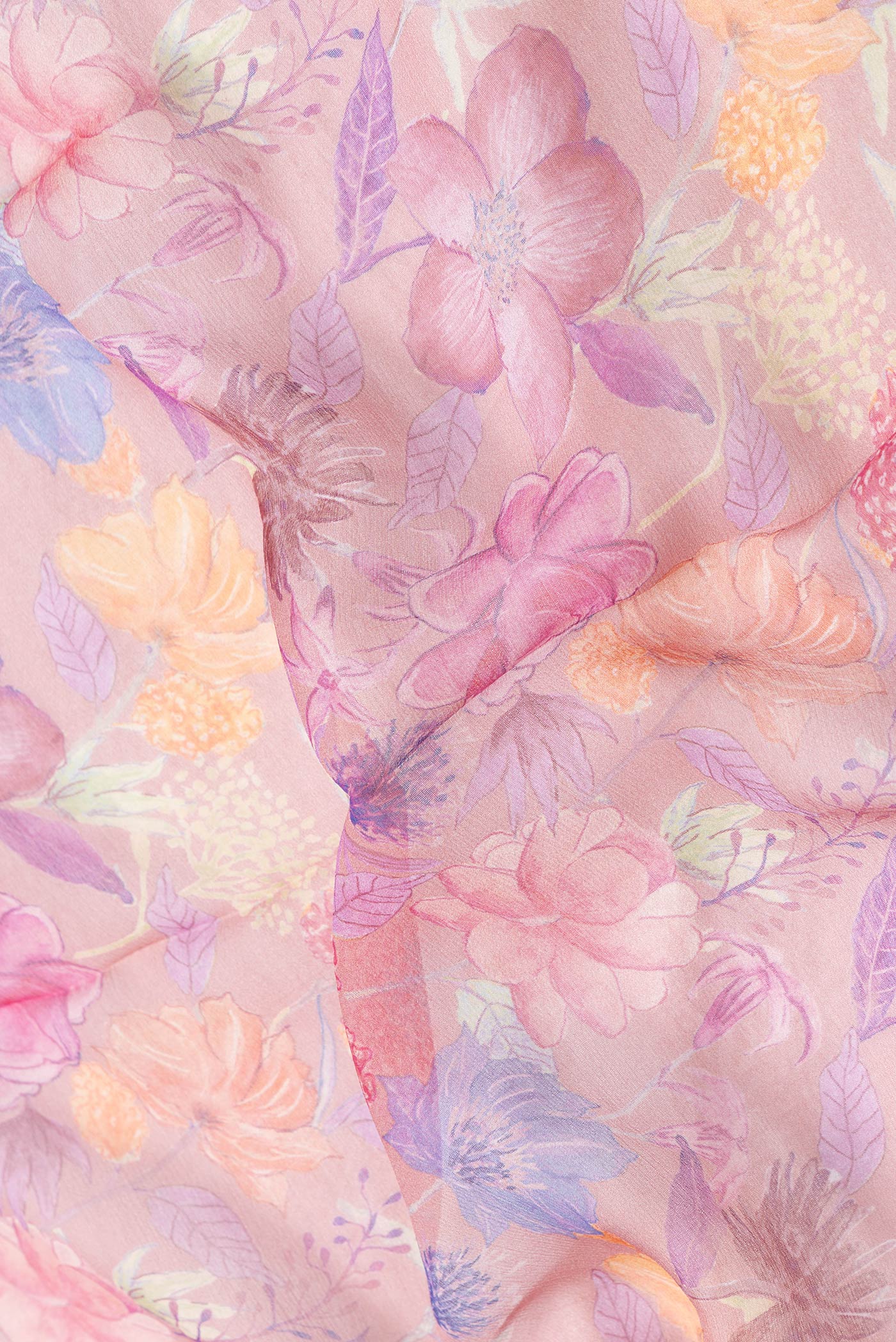 Close up of Pink Dual Tone Mysore Chiffon Saree with Printed design on the body and Zari Border.  displaying folds