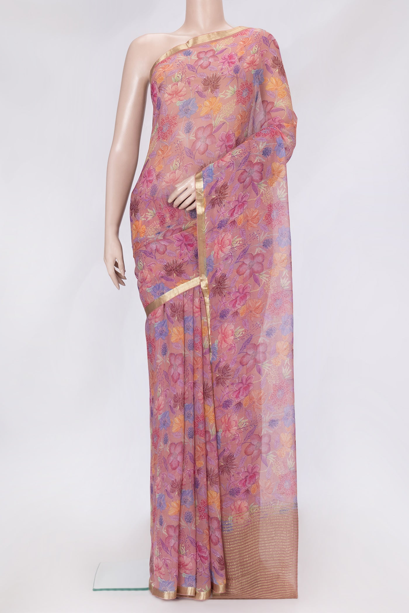 Pink Dual Tone Mysore Chiffon Saree with Printed design on the body and Zari Border.  displayed on a mannequin