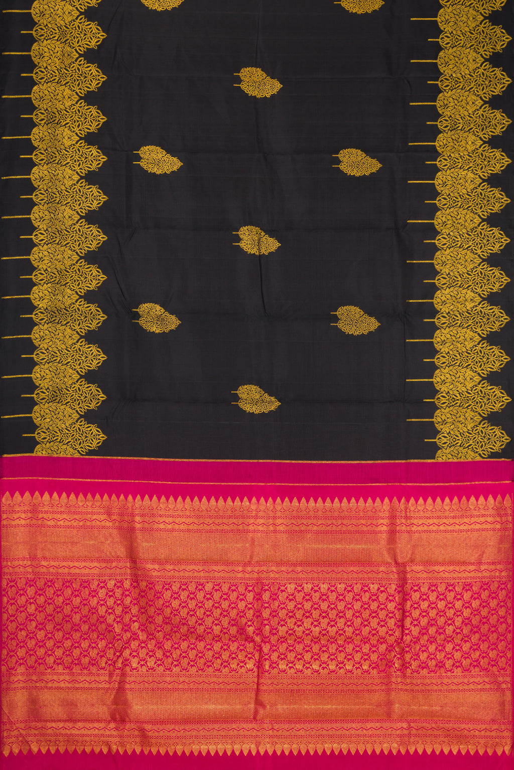 Flat view of Black Dual Tone Kanjivaram Silk Saree with Zari Butta on the body and Fancy Border. 