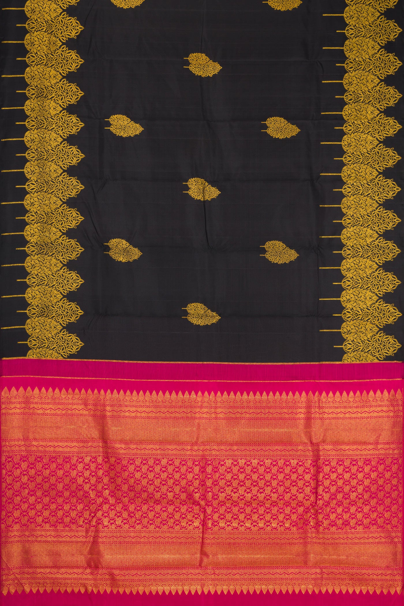 Flat view of Black Dual Tone Kanjivaram Silk Saree with Zari Butta on the body and Fancy Border. 