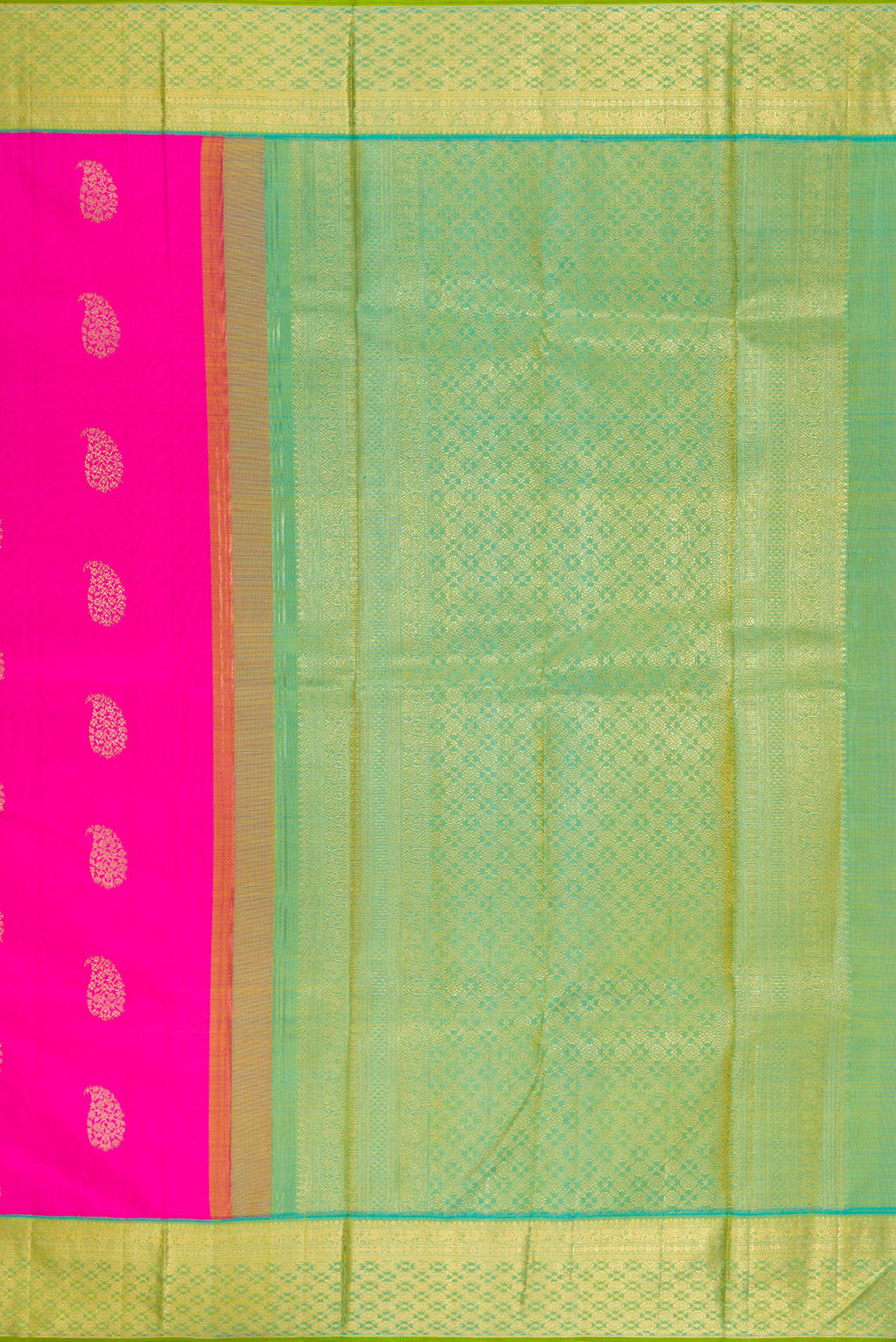 Close up image of the pallu of Pure Silk Pure Zari Pink Kanjivaram Saree with Zari Butta on the body and Zari Border. 