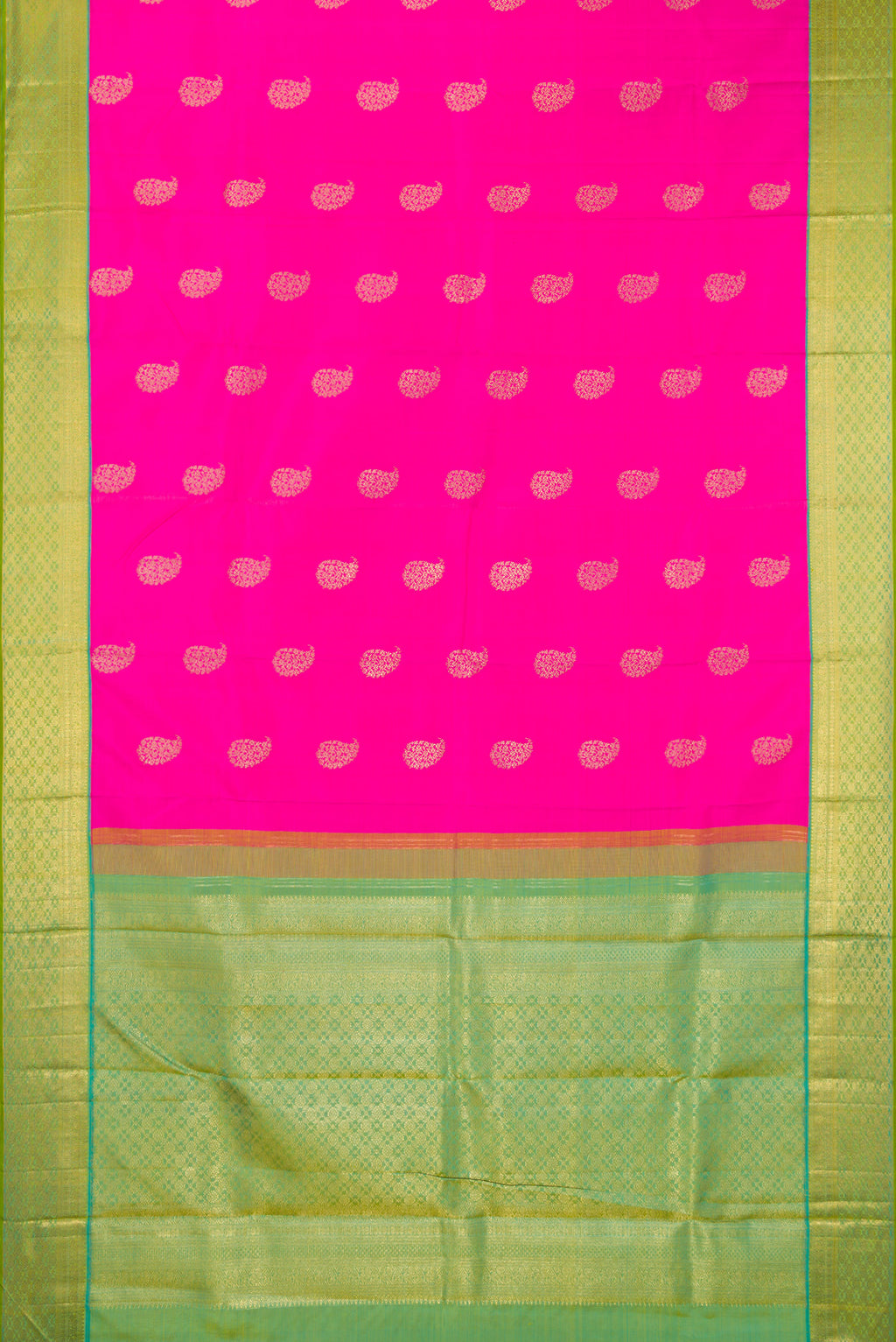 Flat view of Pure Silk Pure Zari Pink Kanjivaram Saree with Zari Butta on the body and Zari Border. 