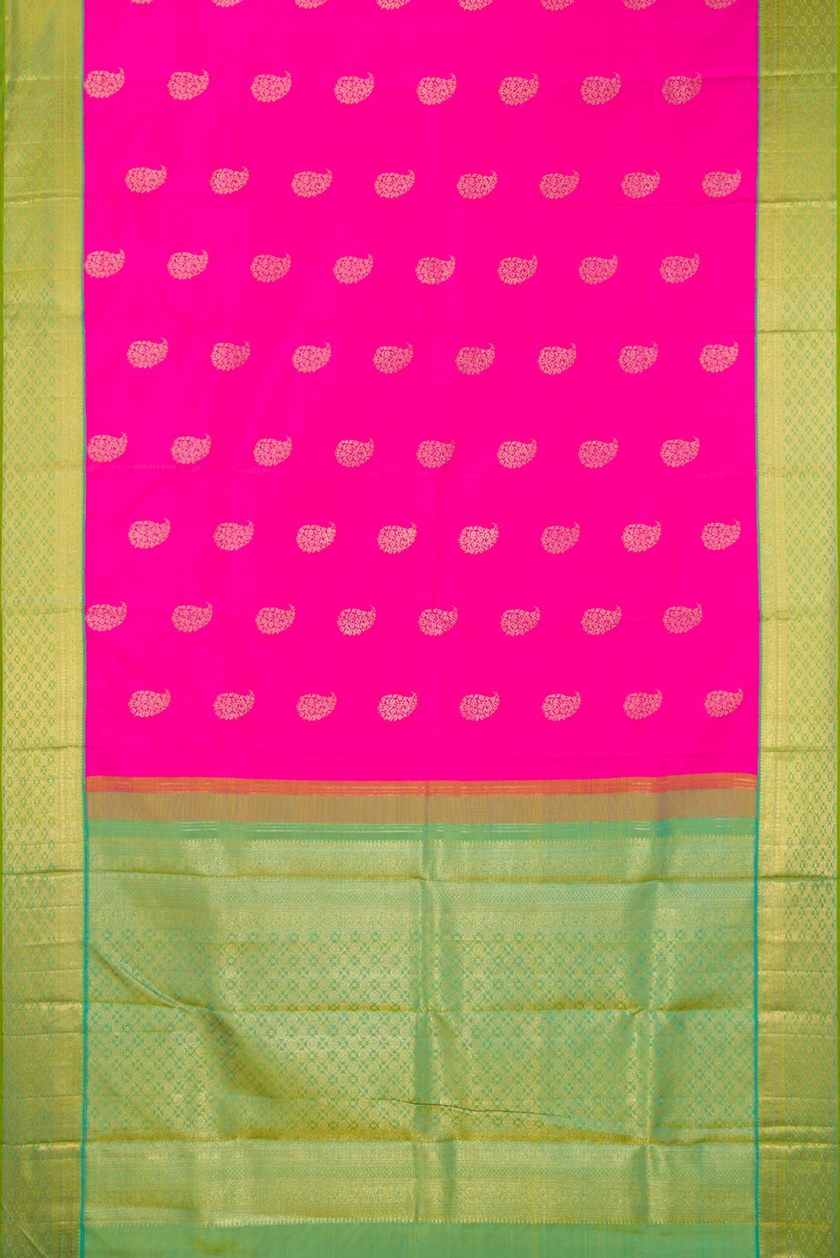 Flat view of Pure Silk Pure Zari Pink Kanjivaram Saree with Zari Butta on the body and Zari Border. 