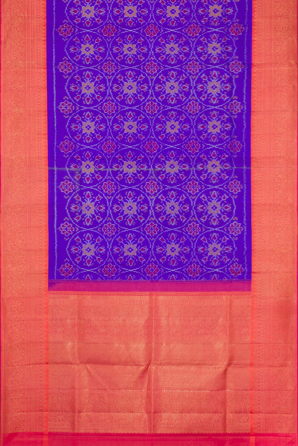 Flat view of Orange Dual Tone Double Ikat Saree with Ikat Print on the body and Ikat Border. 
