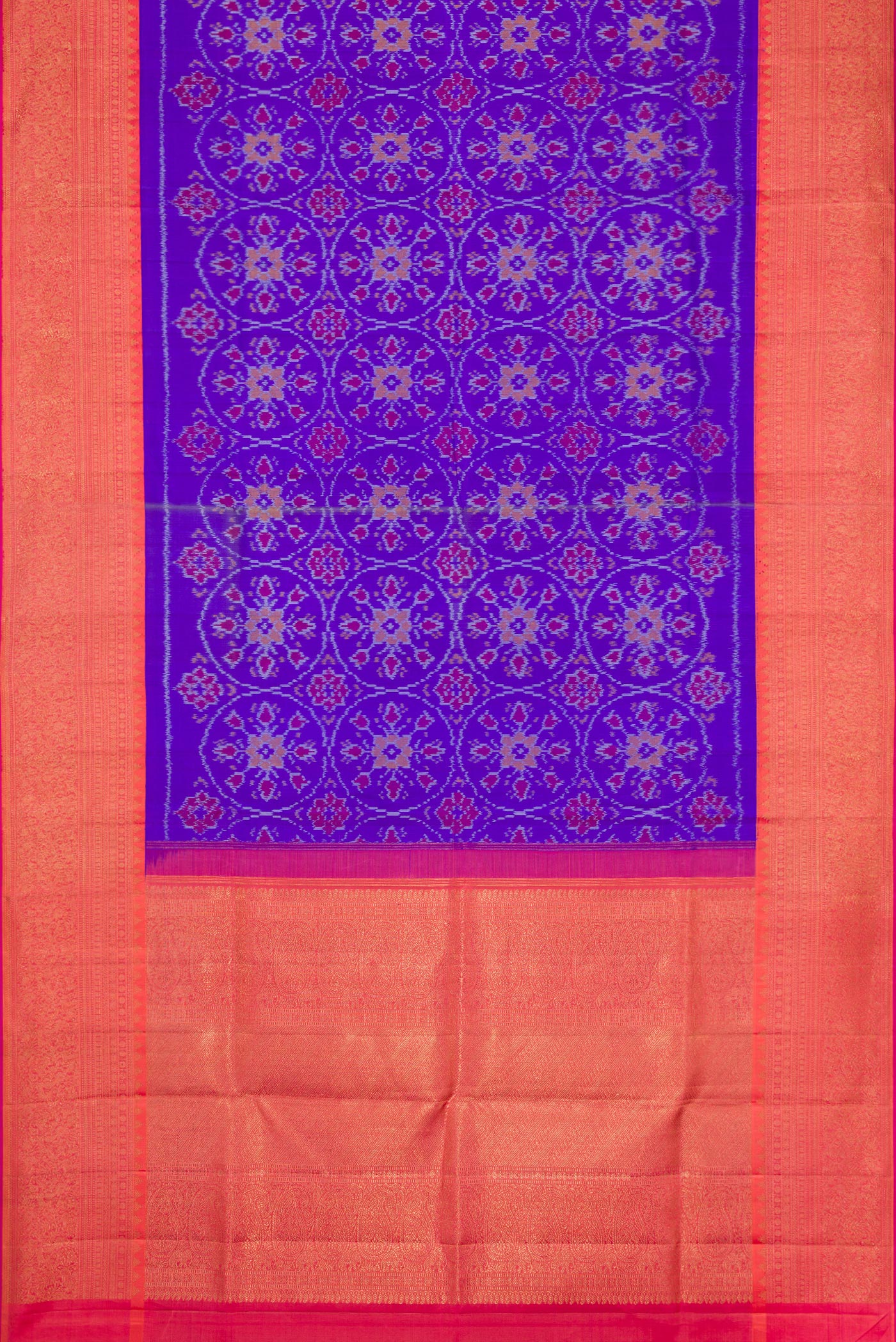 Flat view of Orange Dual Tone Double Ikat Saree with Ikat Print on the body and Ikat Border. 