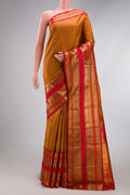 Pure Silk Pure Zari Multi Color Kanjivaram Saree with Checked design on the body and Fancy Border.  displayed on a mannequin