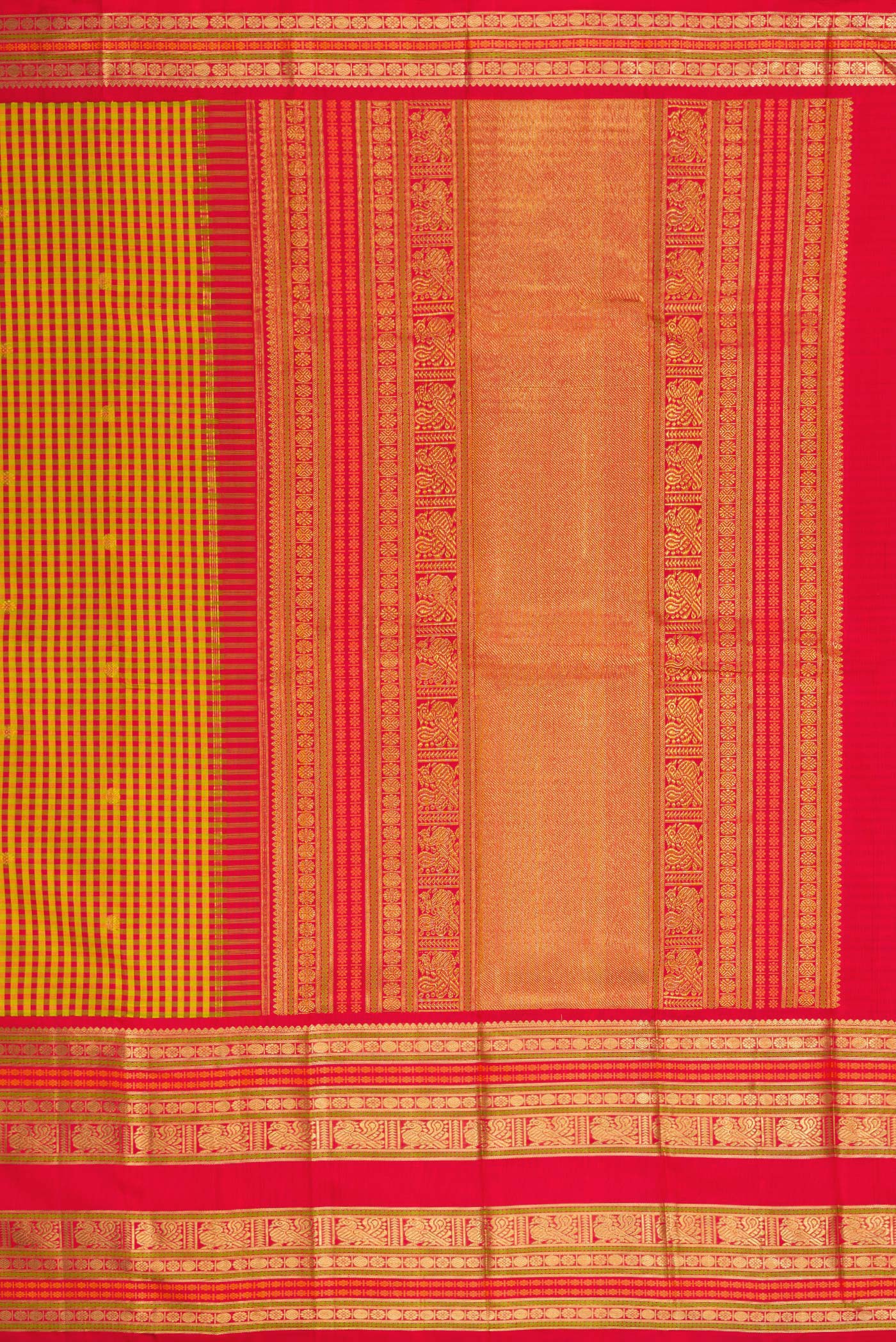 Close up image of the pallu of Pure Silk Pure Zari Multi Color Kanjivaram Saree with Checked design on the body and Fancy Border. 