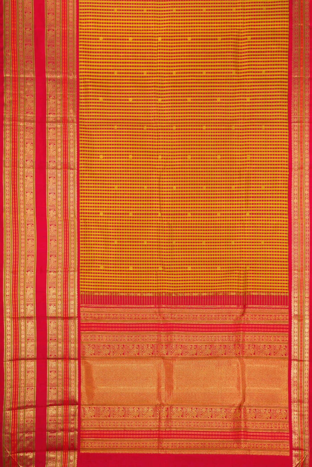 Flat view of Pure Silk Pure Zari Multi Color Kanjivaram Saree with Checked design on the body and Fancy Border. 