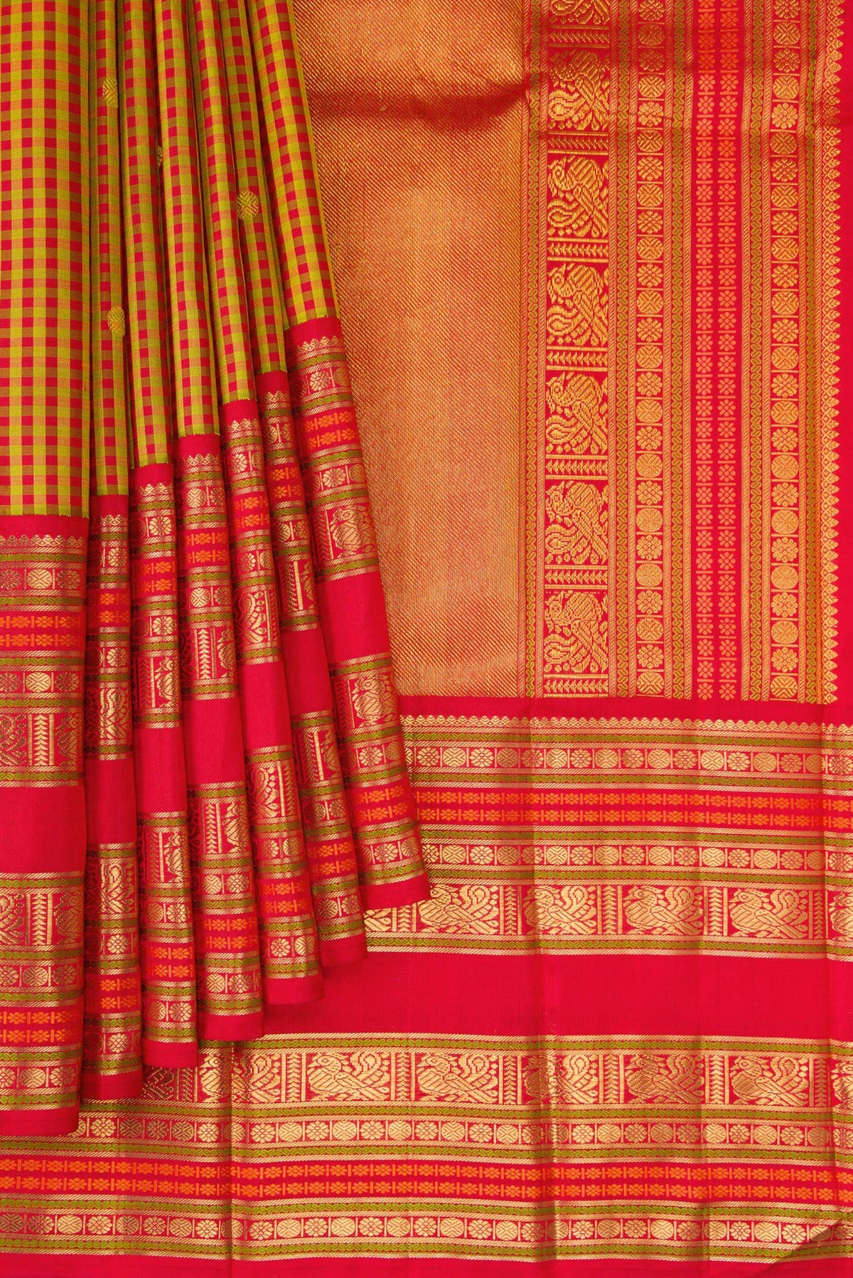 Pleats and pallu of Pure Silk Pure Zari Multi Color Kanjivaram Saree with Checked design on the body and Fancy Border. 