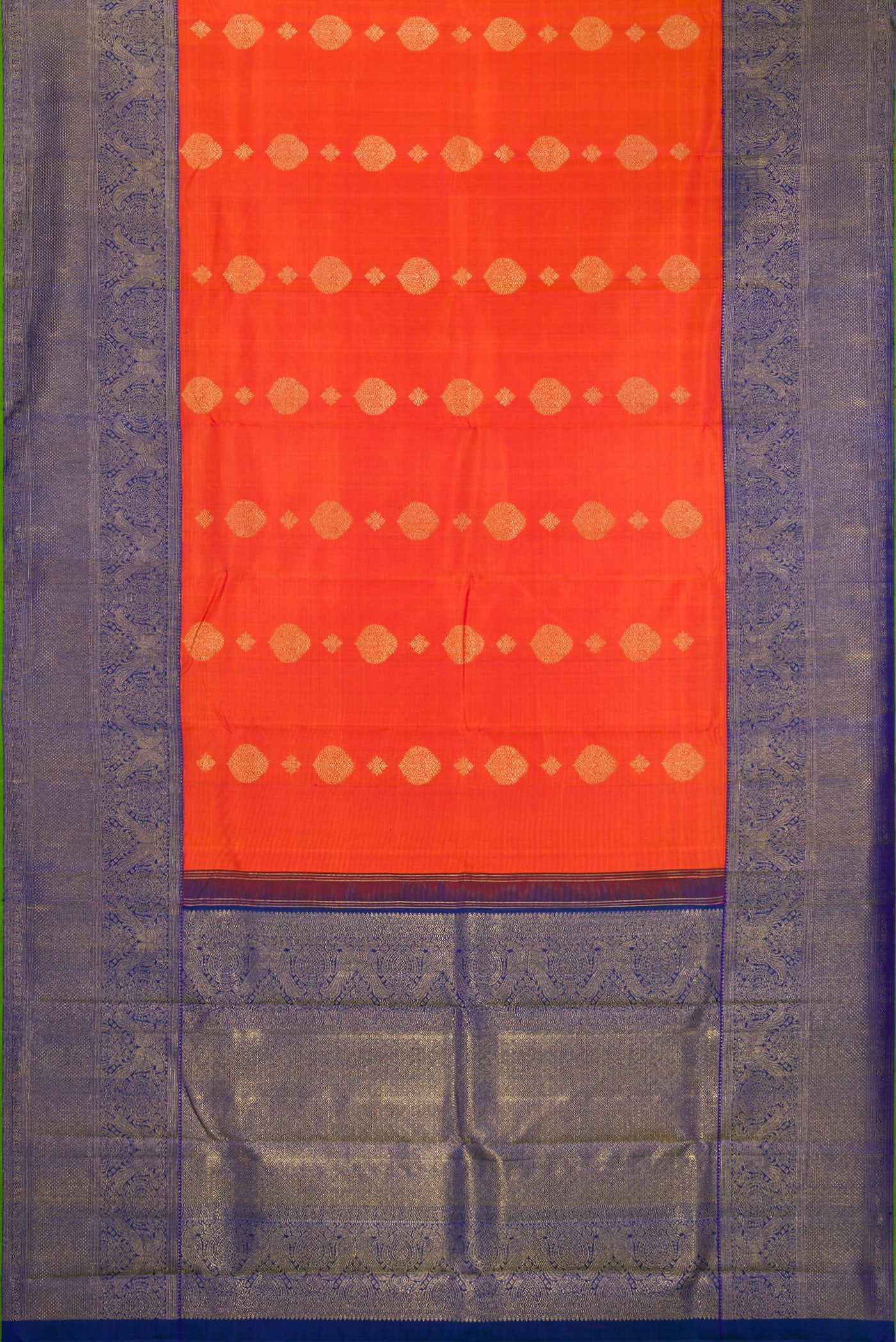 Flat view of Pure Silk Pure Zari Orange Kanjivaram Saree with Zari Butta on the body and Fancy Border. 