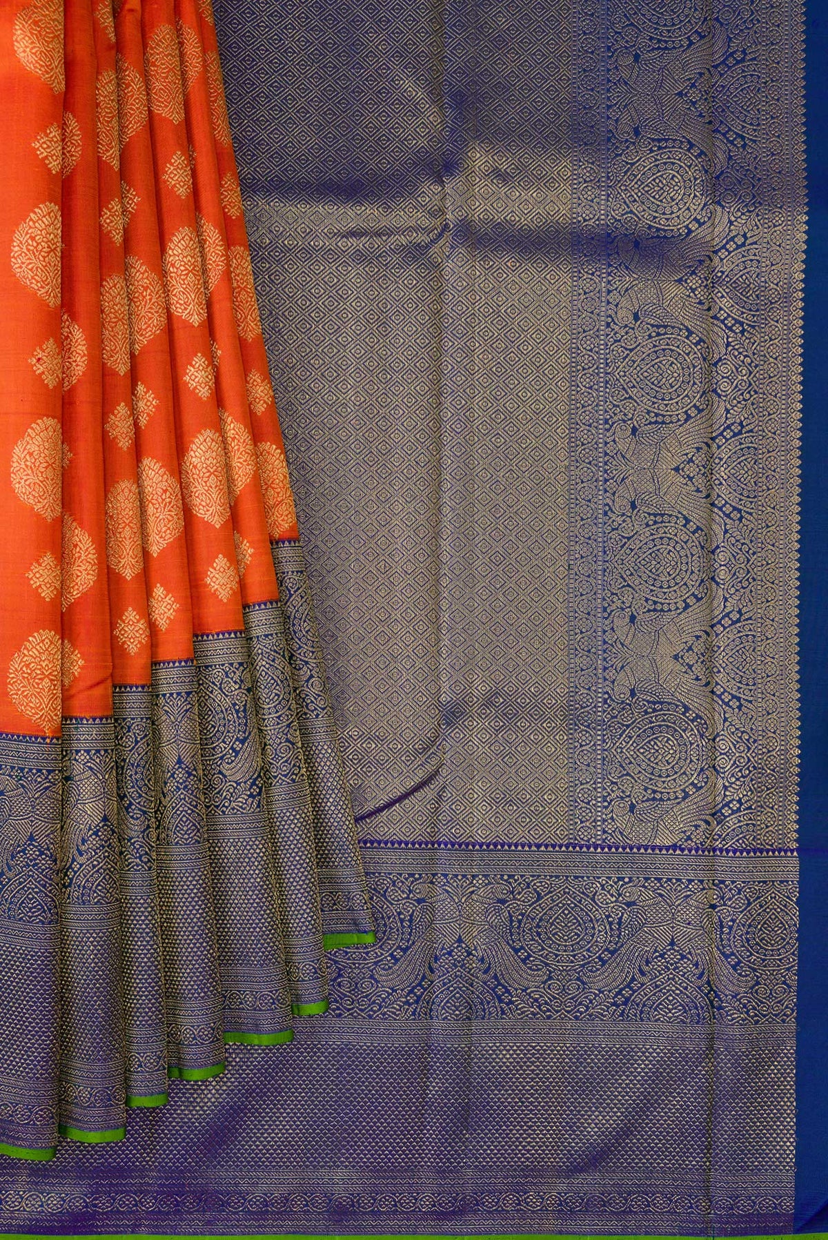 Pleats and pallu of Pure Silk Pure Zari Orange Kanjivaram Saree with Zari Butta on the body and Fancy Border. 