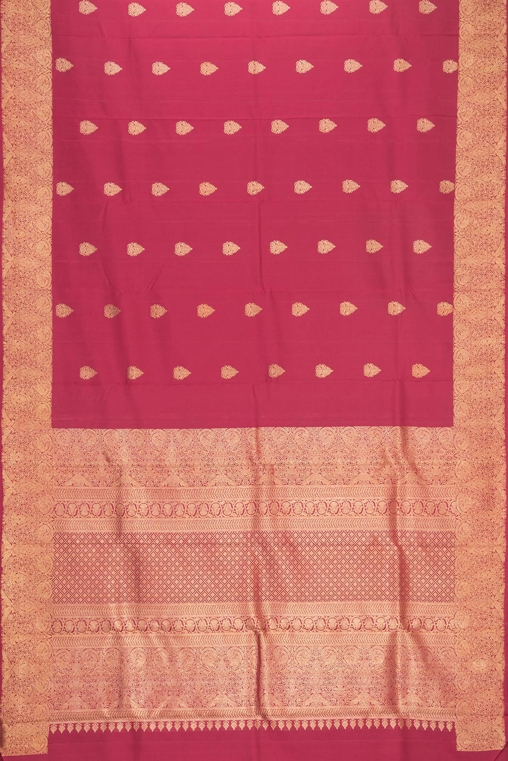 Flat view of Maroon Dual Tone Kanjivaram Silk Saree with Zari Butta on the body and Zari Border. 