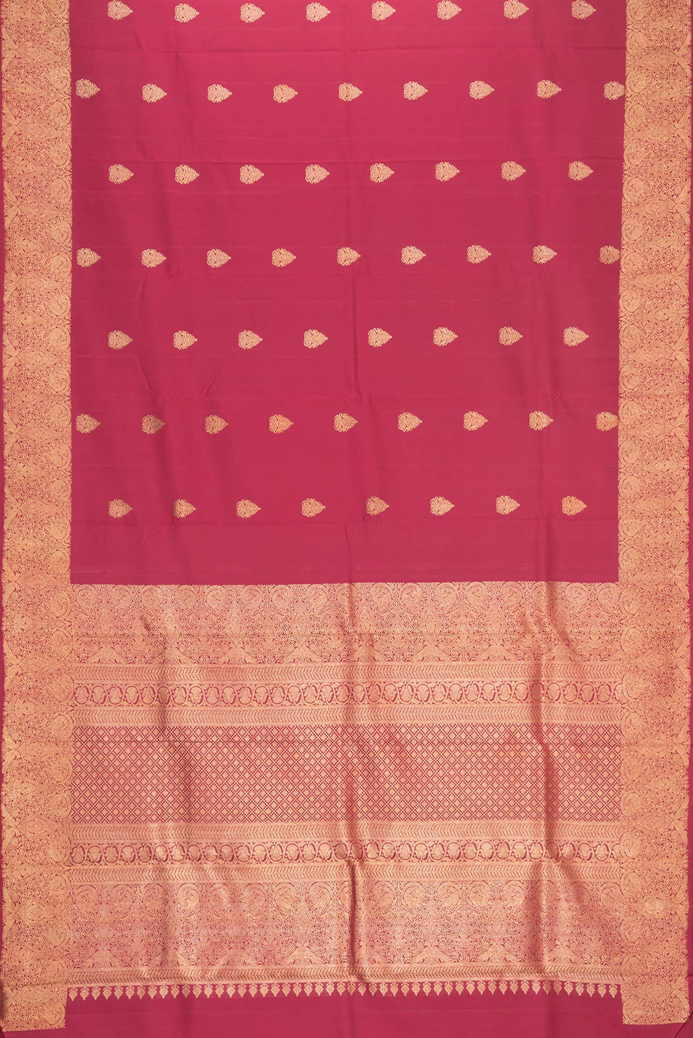 Flat view of Maroon Dual Tone Kanjivaram Silk Saree with Zari Butta on the body and Zari Border. 