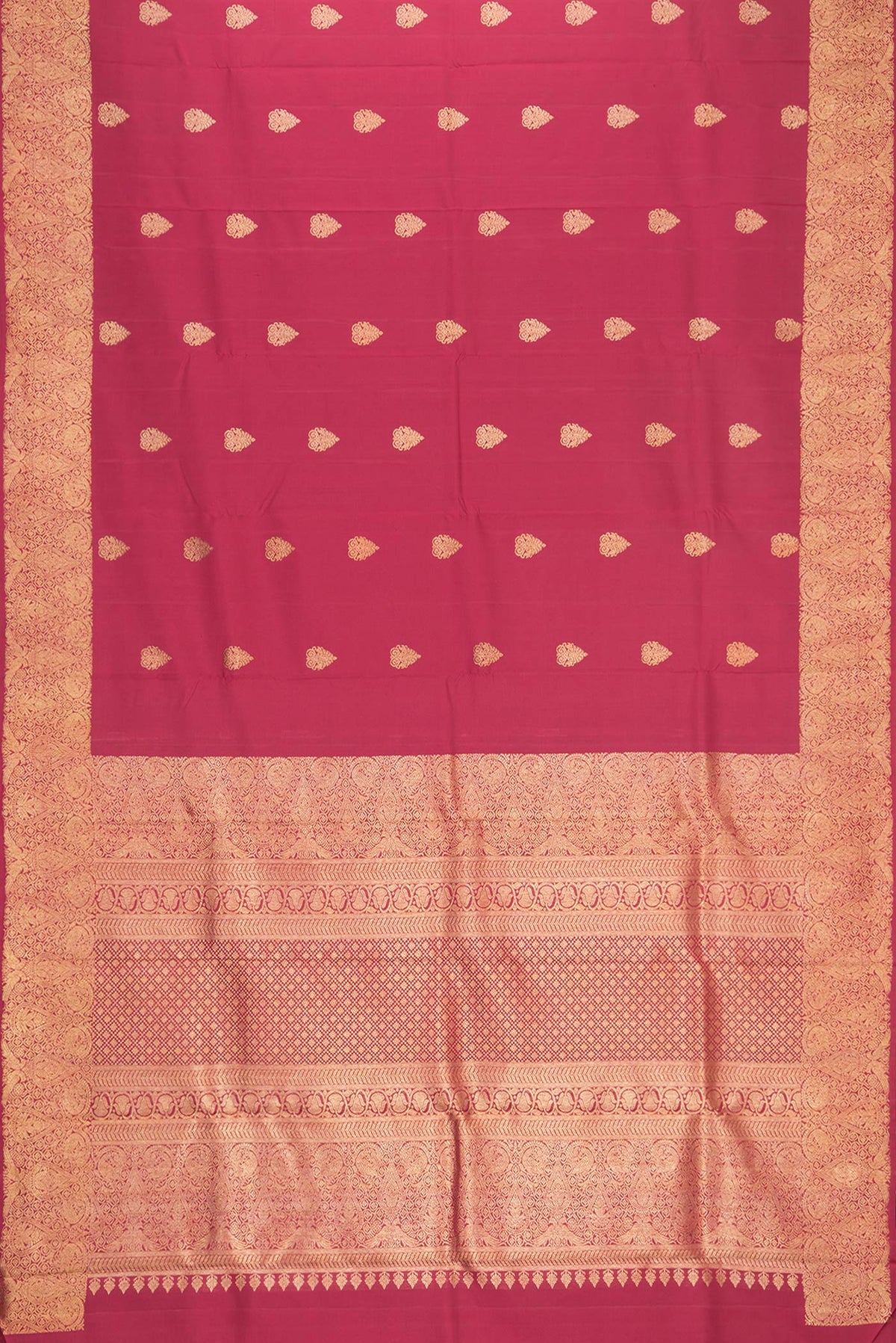 Flat view of Maroon Dual Tone Kanjivaram Silk Saree with Zari Butta on the body and Zari Border. 