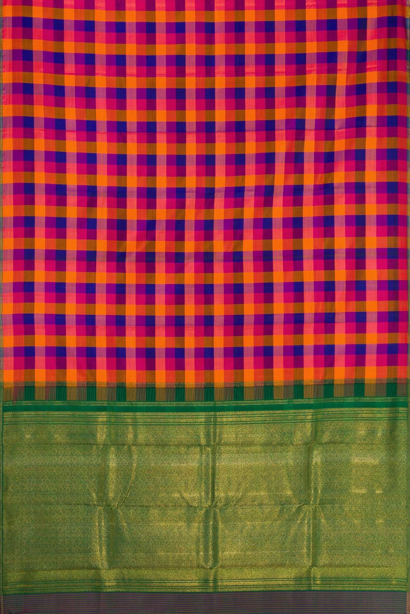 Flat view of Multi Color Kanchipuram Silk Saree with Checked design on the body and Thin Zari Line. 